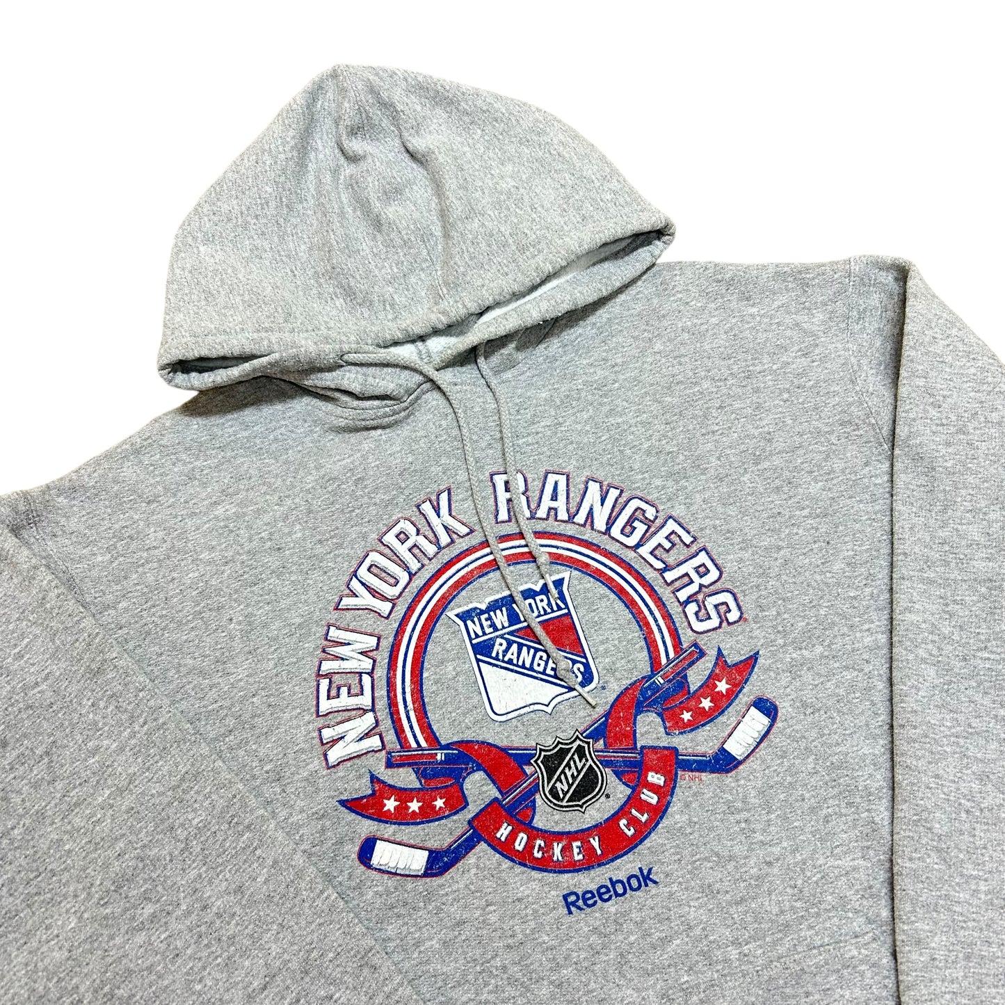Late 2000s Reebok New York Rangers Hockey Club Grey Hooded Sweatshirt - Size Large