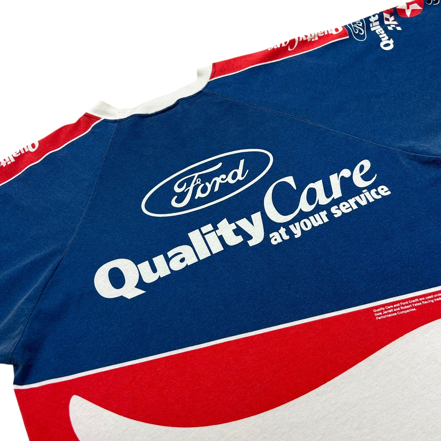 Early 2000s Dale Jarrett/Ford Quality Care Racing Blue AOP Graphic T-Shirt - Size XL (Boxy Fit)