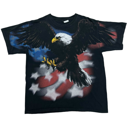 2006 Liquid Blue Black All Over Print Eagle Graphic T-Shirt - Size Large