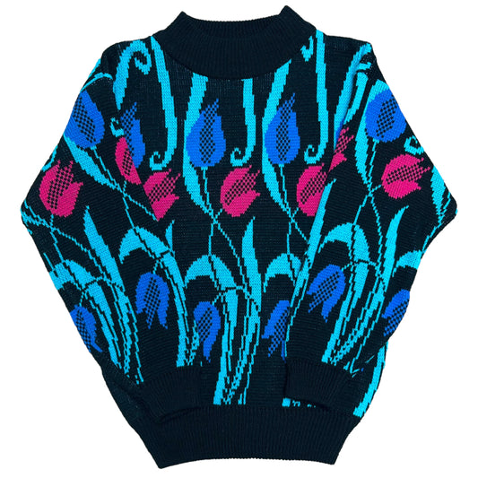 Vintage 1980s Gerard Works Black/Multicolor Floral Design Knit Sweater - Size Small