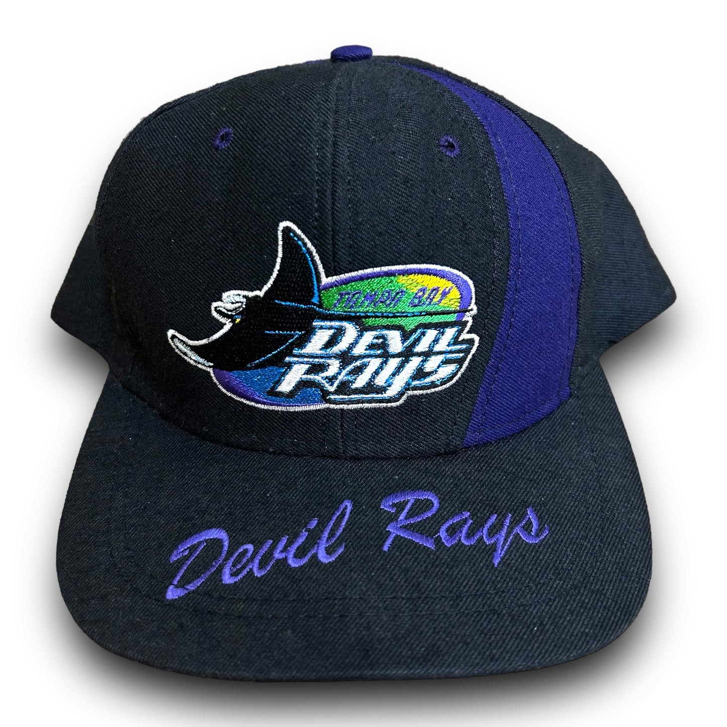 Vintage 1990s Nutmeg Mills Tampa Bay Devil Rays Black Embroidered Snapback Hat - One Size