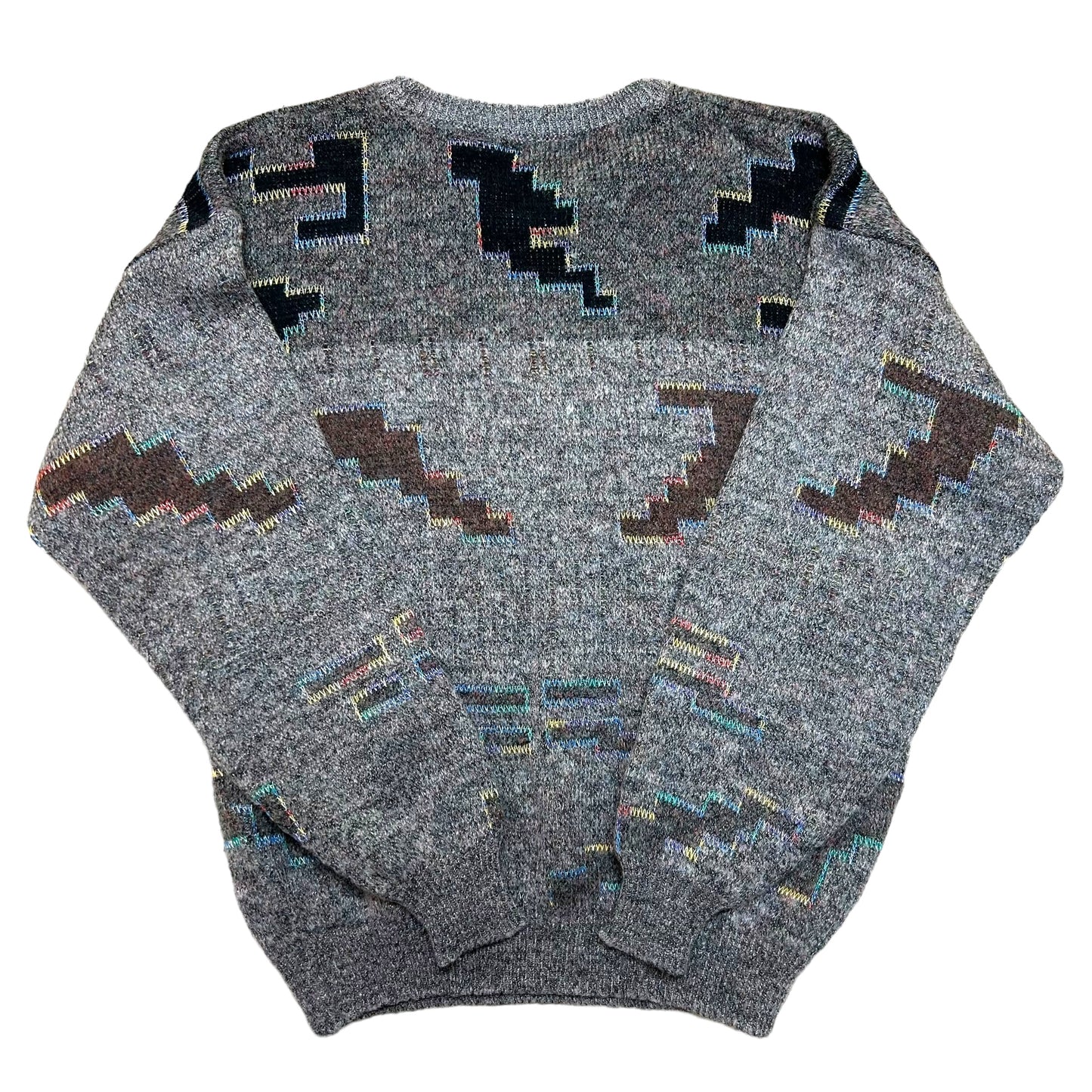 Vintage 1990s "Koman" Geometric Design Grey/Multicolor Knit Sweater - Size Large (Fits Medium)