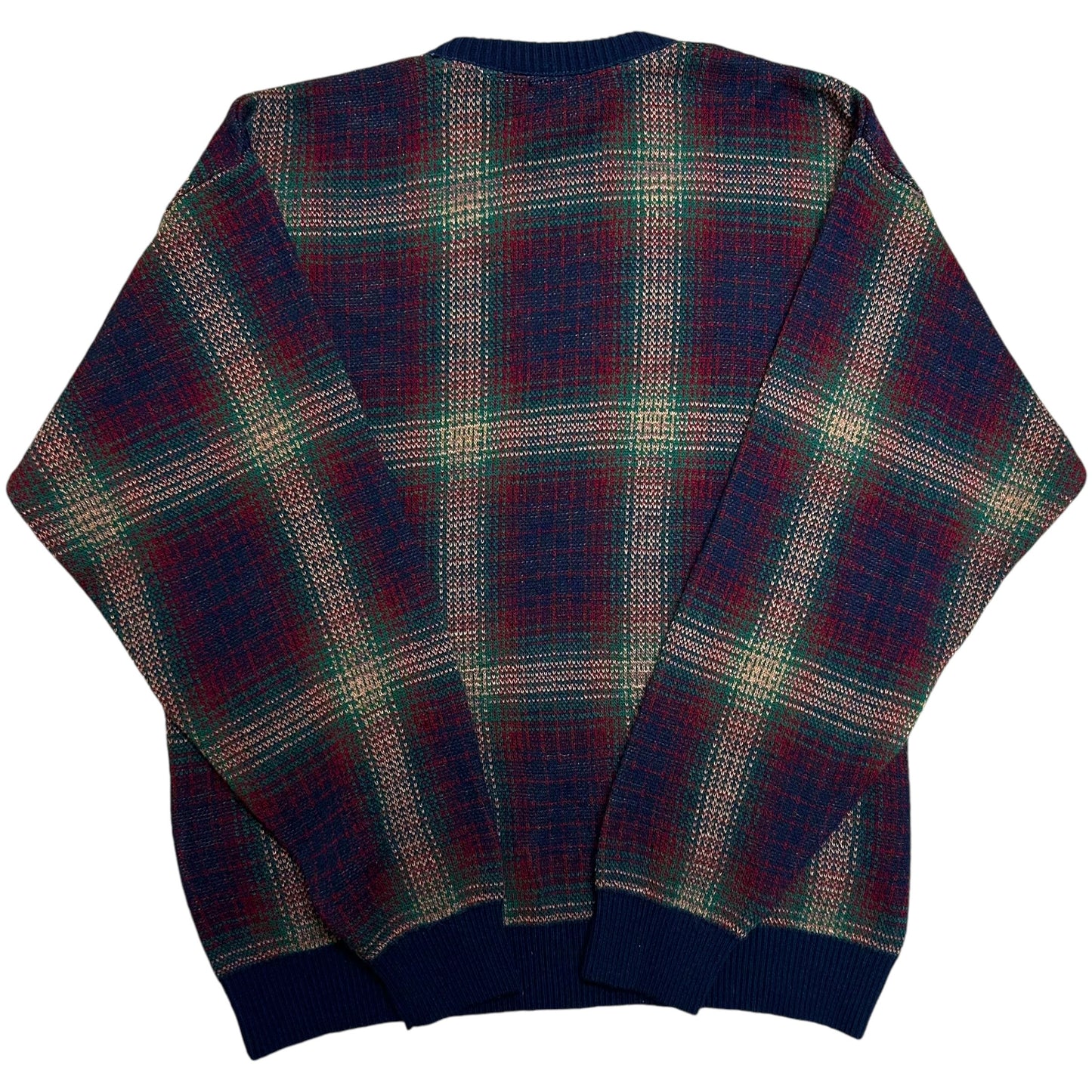 Vintage 1990s Van Heusen Navy Blue Plaid Knit Sweater - Size Large (Fits L/XL)