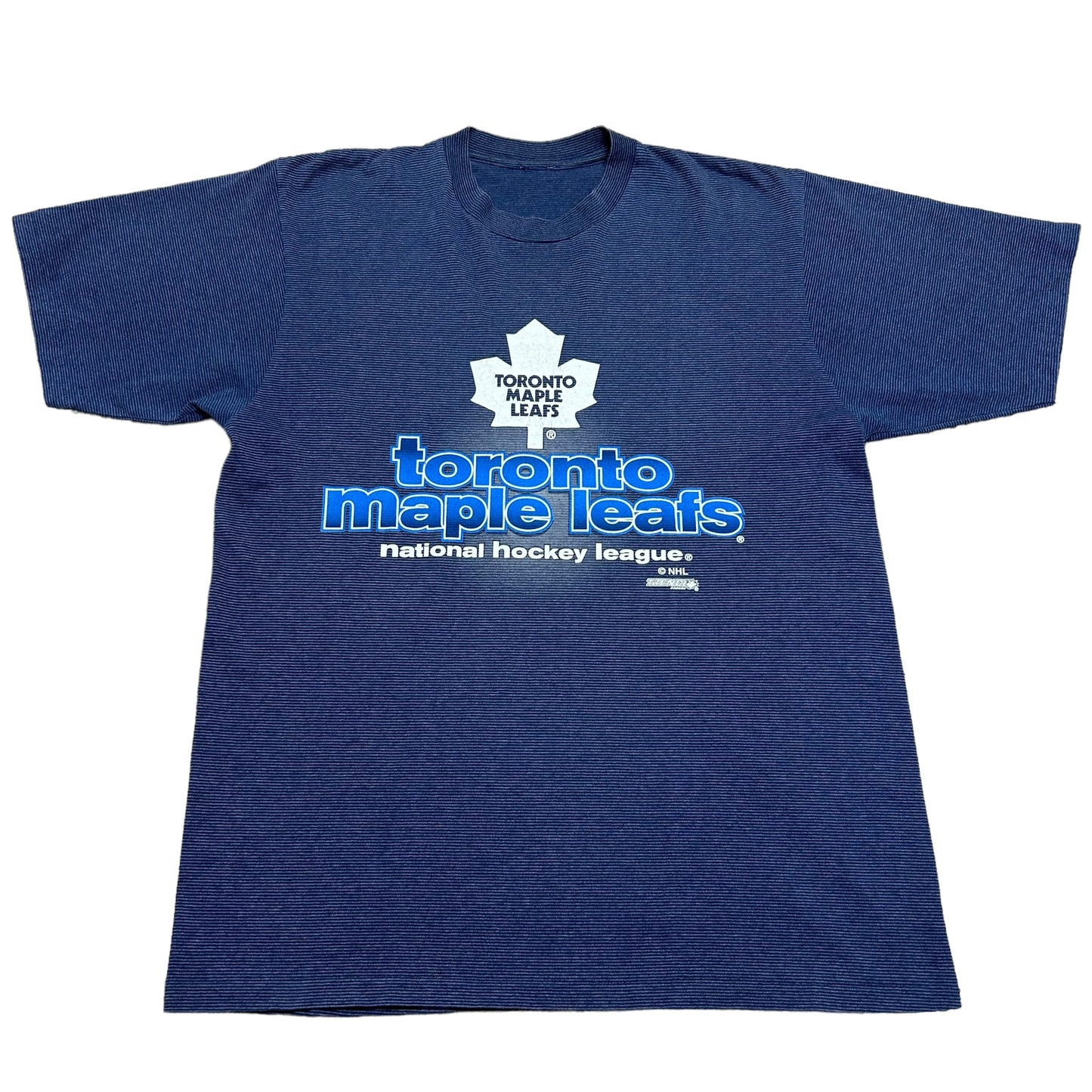 Vintage 1990s Trench Canada Toronto Maple Leafs Blue Striped Graphic T-Shirt - Size XL