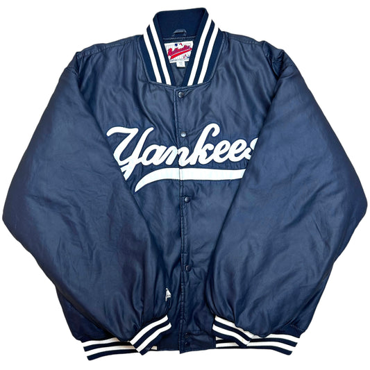 Early 2000s Majestic New York Yankees Navy Blue Quilted Satin Varsity Style Jacket - Size XXL