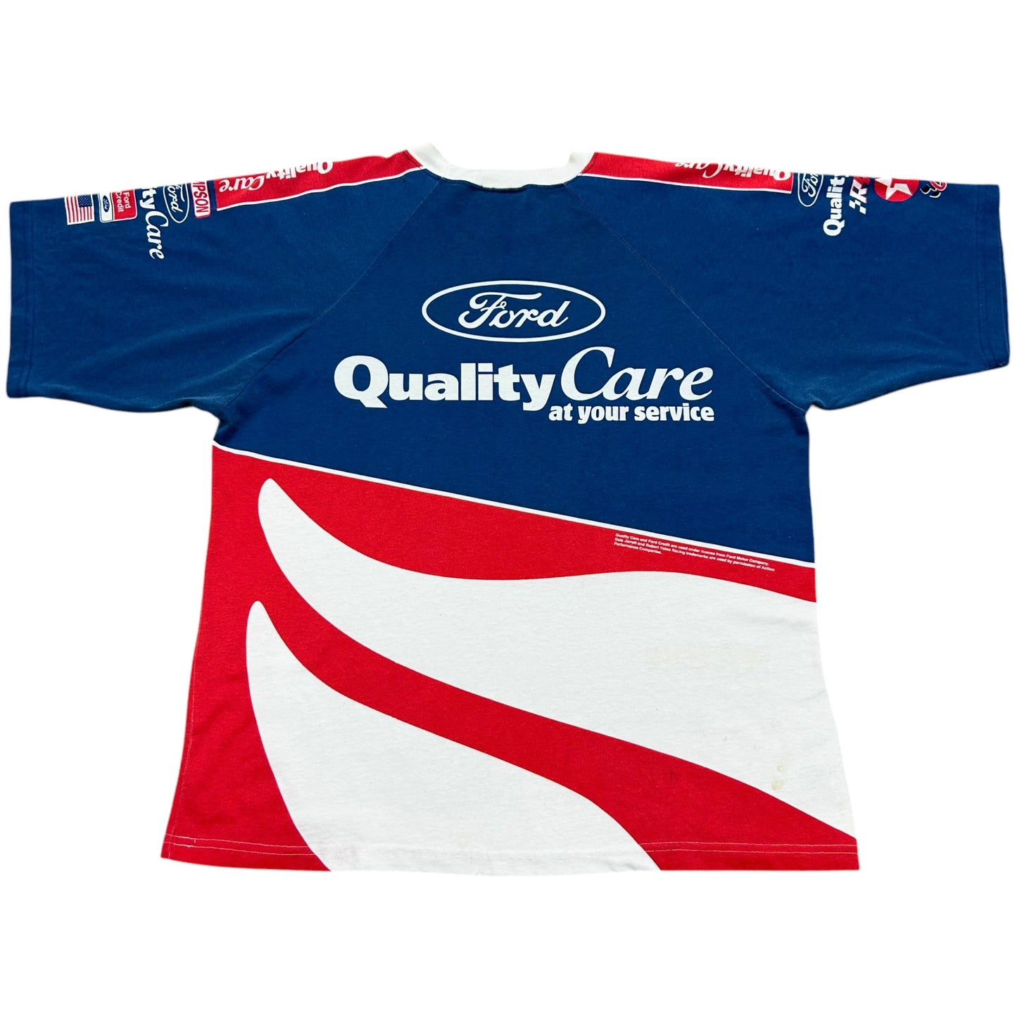 Early 2000s Dale Jarrett/Ford Quality Care Racing Blue AOP Graphic T-Shirt - Size XL (Boxy Fit)