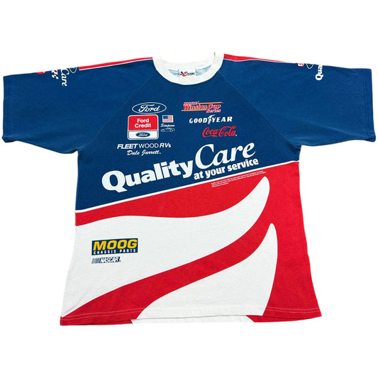 Early 2000s Dale Jarrett/Ford Quality Care Racing Blue AOP Graphic T-Shirt - Size XL (Boxy Fit)