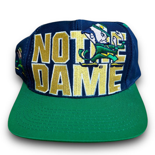 Vintage 1990s Logo 7 Notre Dame Block Logo Navy Blue/Green Embroidered Snapback Hat - One Size