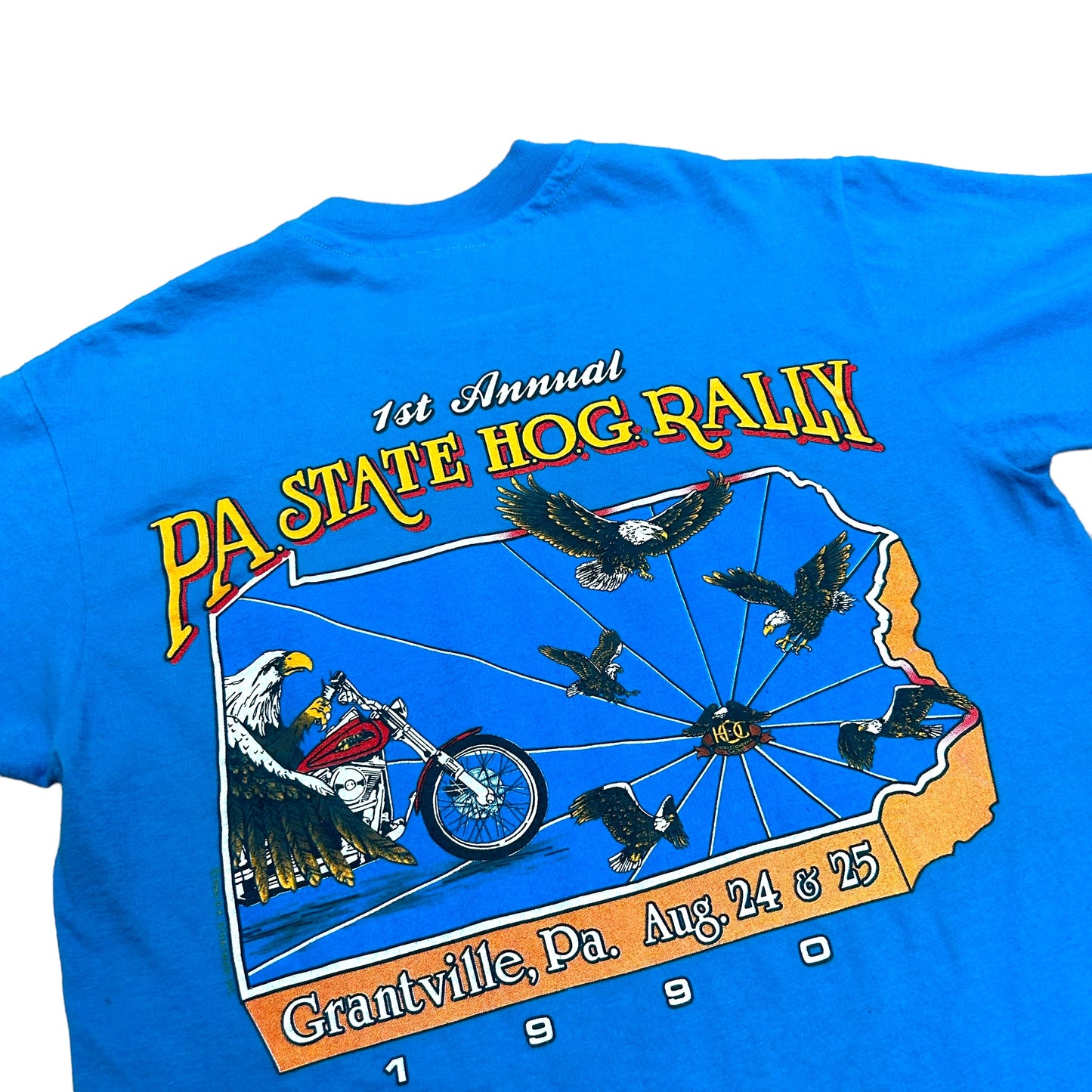 Vintage 1990s Harley Owners Group 1st Annual PA State Rally Blue Graphic T-Shirt - Size Medium