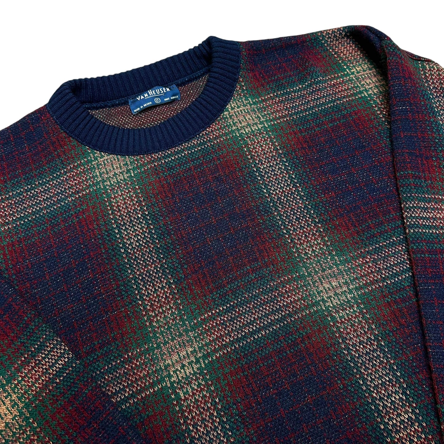 Vintage 1990s Van Heusen Navy Blue Plaid Knit Sweater - Size Large (Fits L/XL)