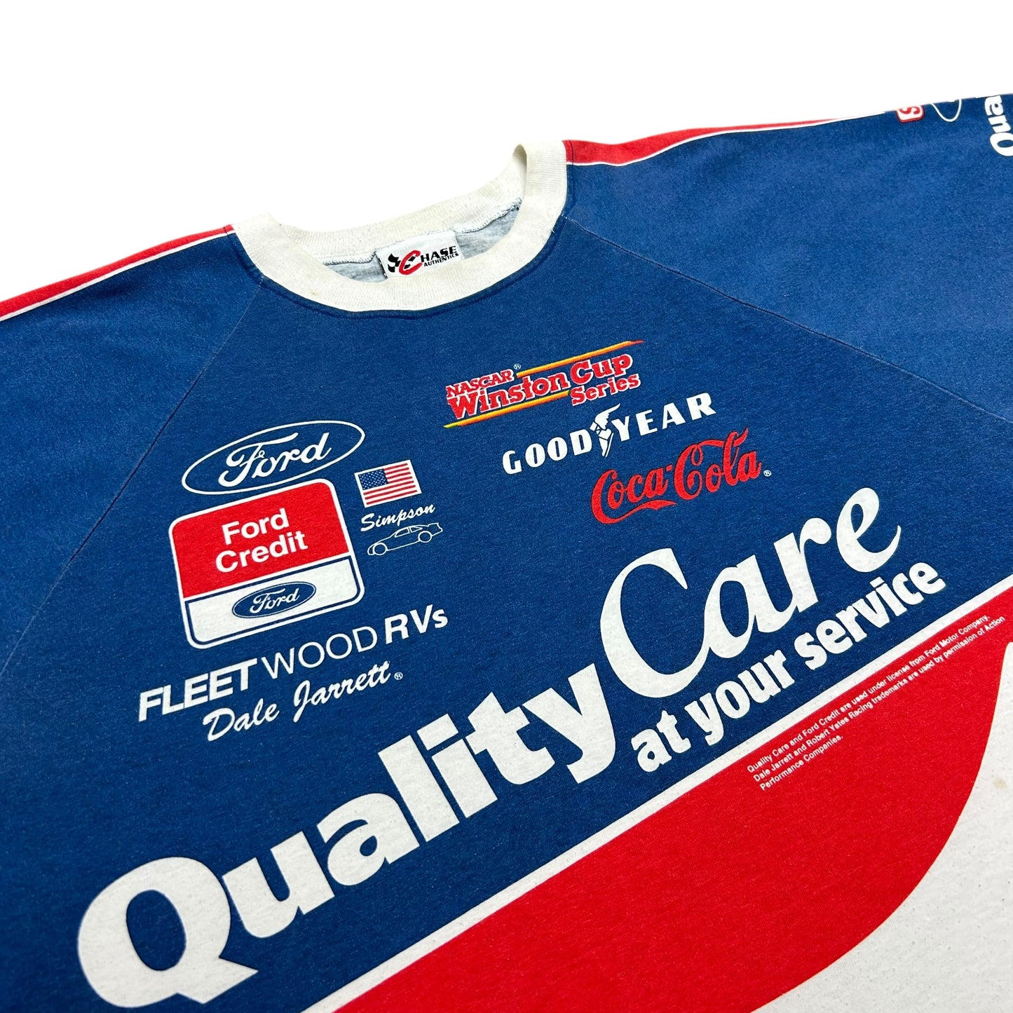 Early 2000s Dale Jarrett/Ford Quality Care Racing Blue AOP Graphic T-Shirt - Size XL (Boxy Fit)