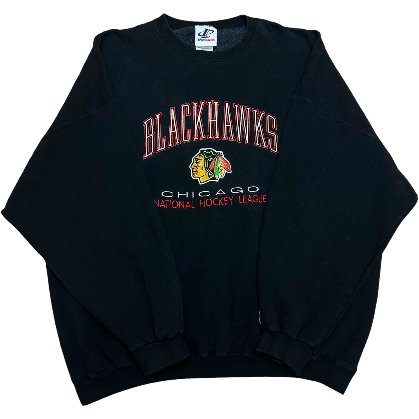 Vintage 1990s Logo Athletic Chicago Blackhawks Black Embroidered Crewneck Sweatshirt- Size 3XL (Fits Boxy XL-XXL)