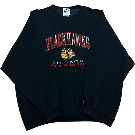 Vintage 1990s Logo Athletic Chicago Blackhawks Black Embroidered Crewneck Sweatshirt- Size 3XL (Fits Boxy XL-XXL)