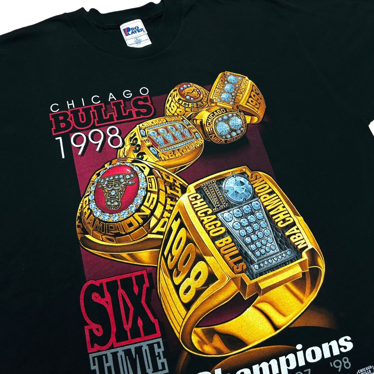 Vintage 1990s Pro Player Chicago Bulls Six Time NBA Champions Black Graphic T-Shirt - Size XL (Tall Fit)